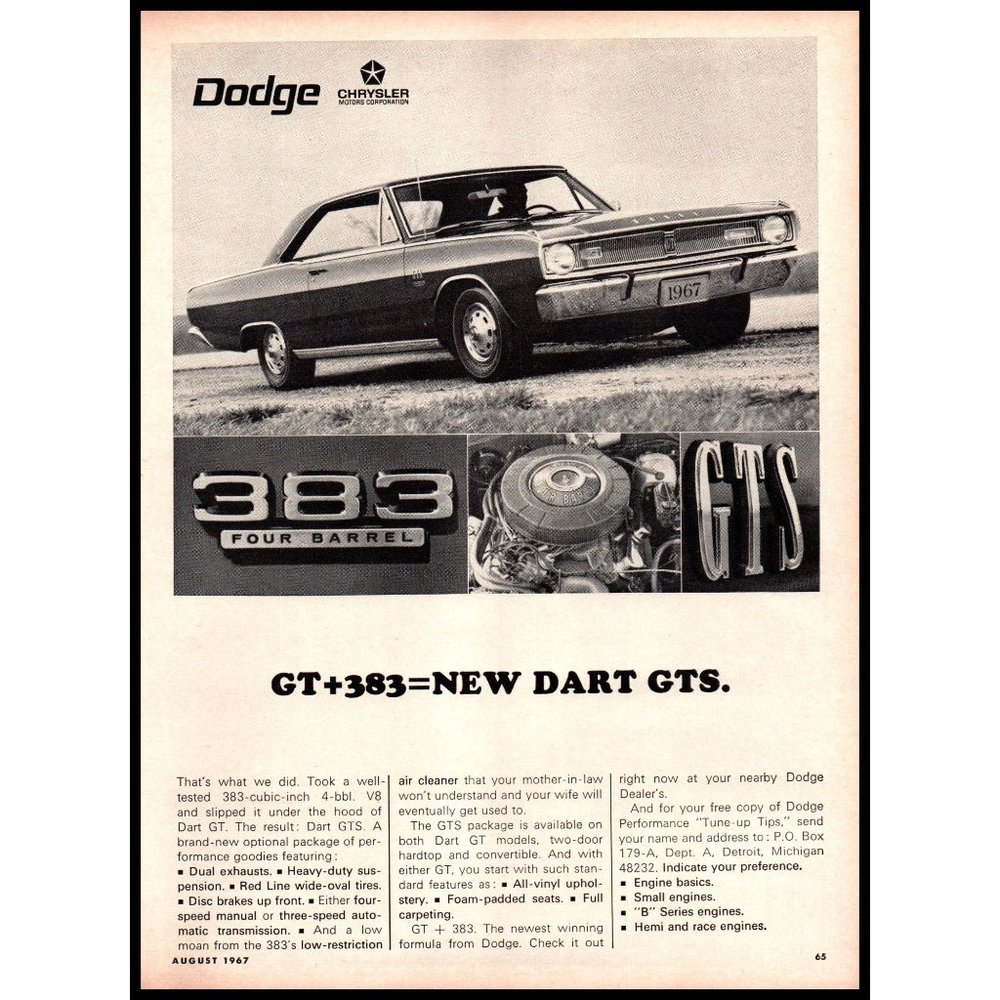 1967 Dodge Dart GTS Couple Vintage Print Ad 383 Four Barrel Classic Car Wall Art